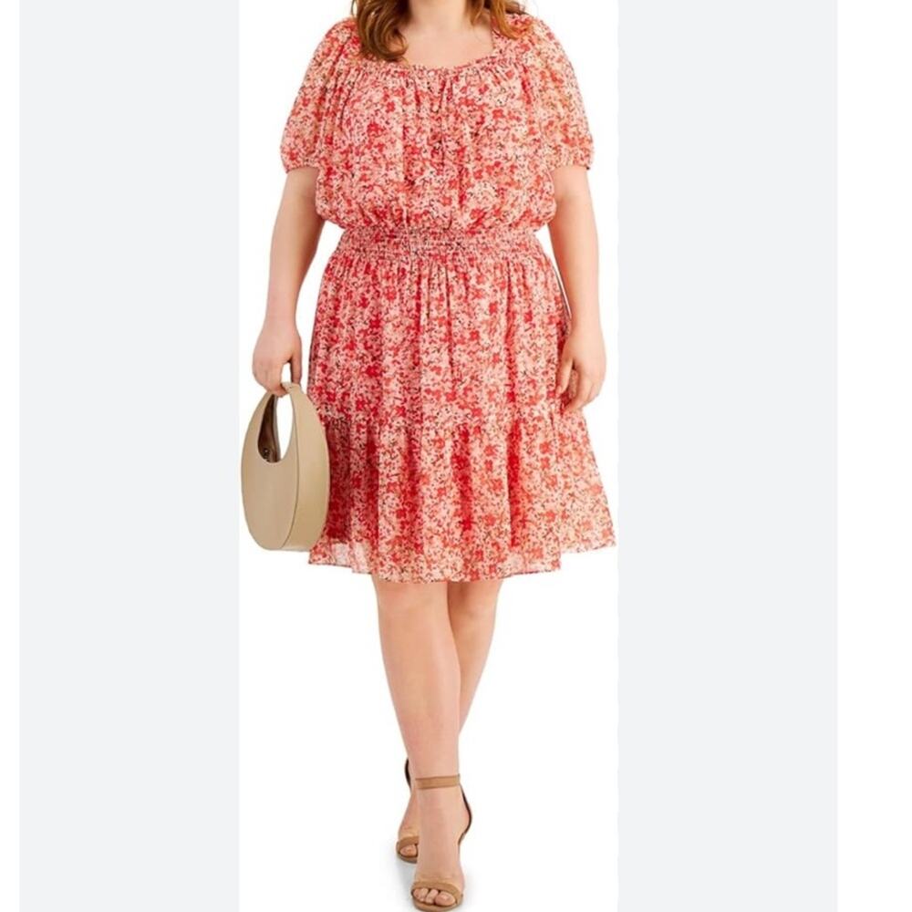 Taylor Square Neck Button Front Floral Smocked Chiffon Dress Plus Size 14